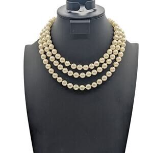 Vintage Triple Strand Knotted Approximately 10mm Faux Pearl 17" Necklace